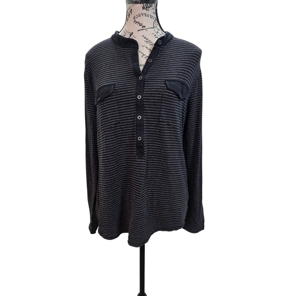 Relativity Women's Henley Top Large Gray Striped Button Roll Tab Sleeve Boho